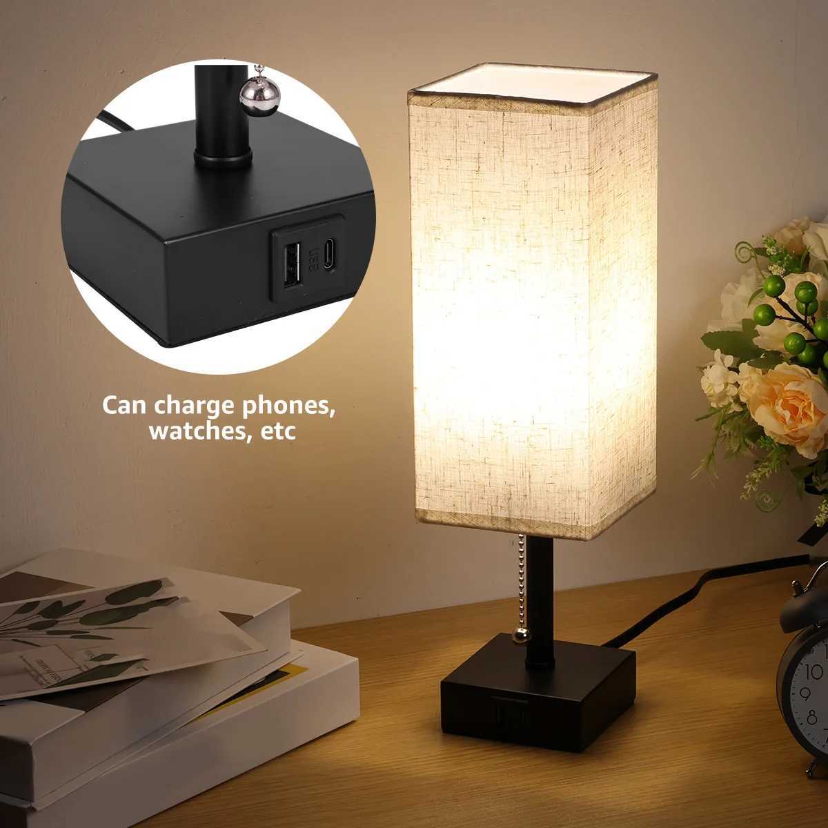 Bedside Lamp Night Lights USB Retro Nightstand Table Lamp Dimmable For Bedroom Wooden Desk Lamp with Fabric Shades Home DecorXJ250703