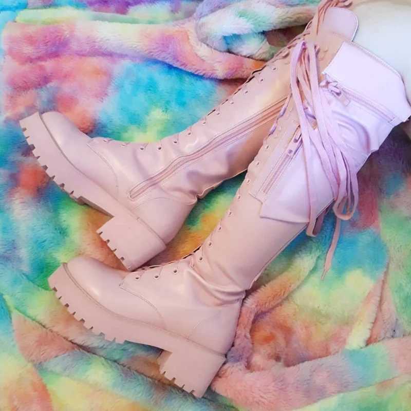Knee High Boots Women Cool Goth Zipper Design Pocket Lace Up Chunky Heel High Quality Shoes Woman Fashion Popualr Big Size 35-43 Z250704