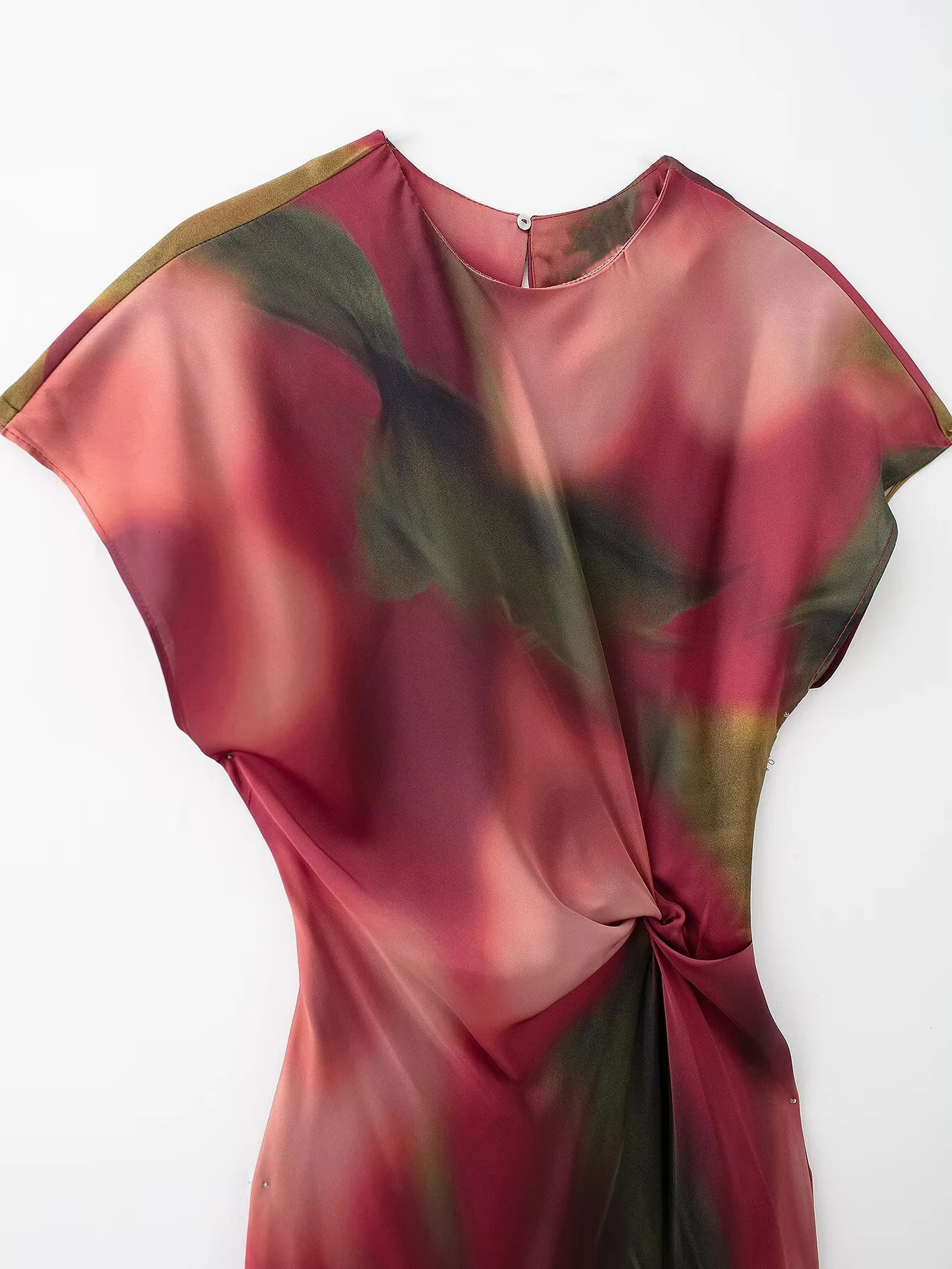 RARA Spring Womens Round Neck Waist Silk Satin Texture Printed Midi Dress Casual Loose Versatile Skirt 250704