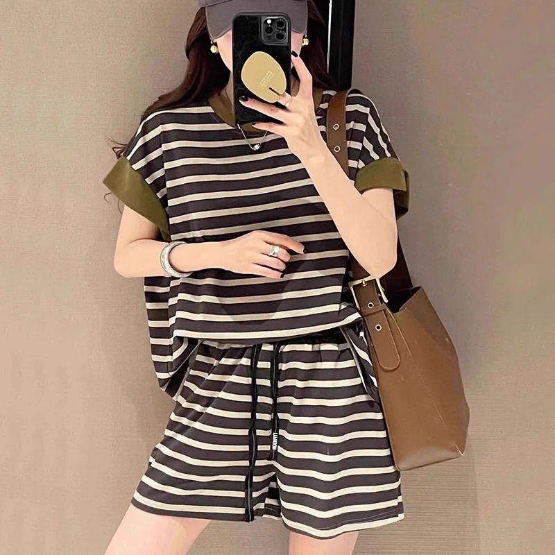 Women Striped Clothing Sets Short Sleeve TshirtDrawstring Shorts Two Pieces Suits Summer Loose Tracksuit Ladies Casual Outfits 250704