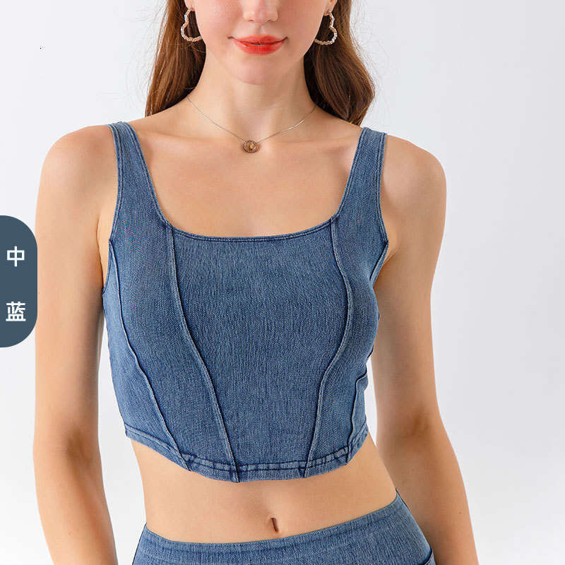 New European and American Style Denim Yoga Sports Vest for Women U-Shaped Elastic Slimming Beautiful Back Quick-Dry Outdoor Fitness Top