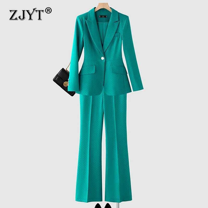 ZJYT Fashion Spring Autumn Pant Suit Women Office Business Chic One Button Blazer Trousers Set 2 Piece Outfit Grn Plus Size X250704