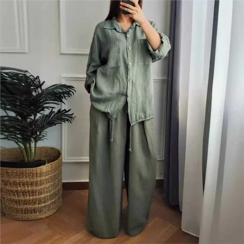 Womens Spring Casual Loose Cotton Linen Solid Shirt Wide Leg Pants 2-piece Set White Button Top Trousers Two Pieces Suits Women X250704