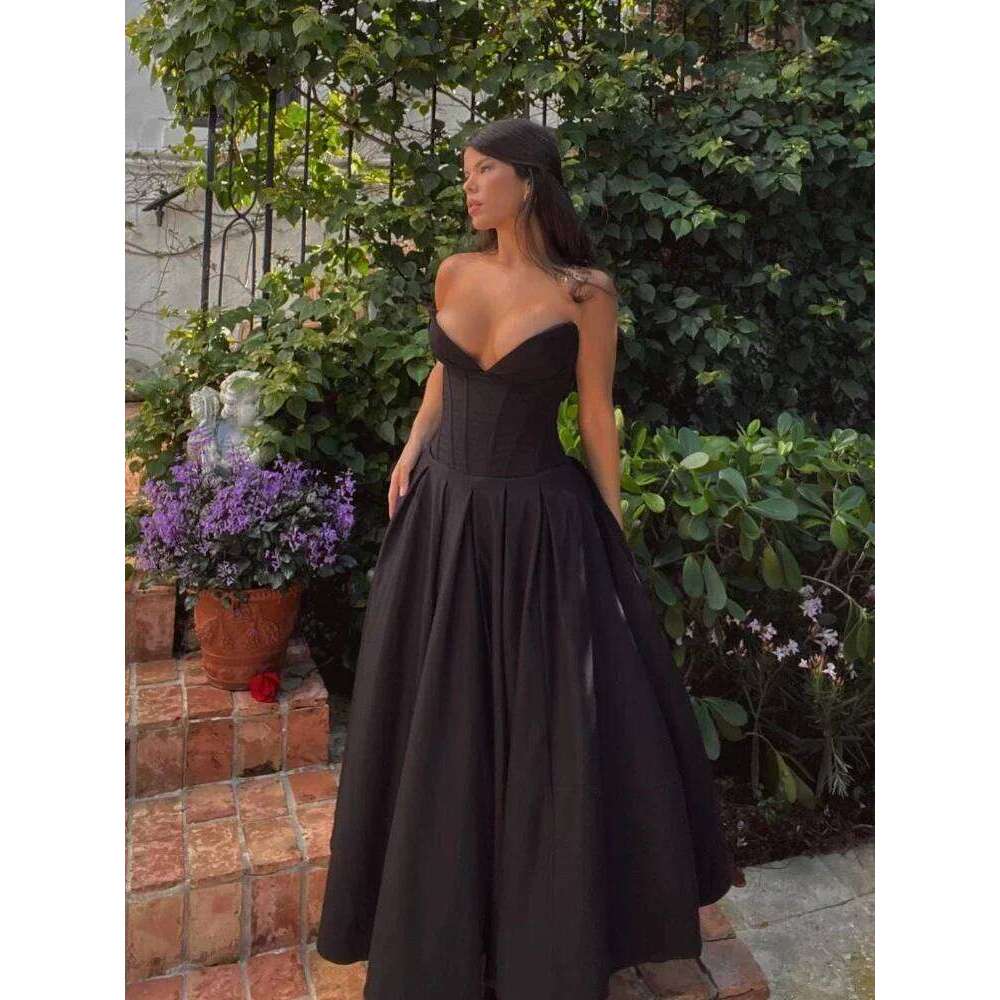 Suninheart Black Elegant Wedding Events Sexy Strapless Corset Dress Midi Christmas Party Dresses for Women Clothing