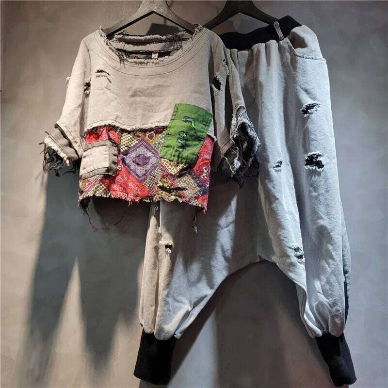 Trendy Vintage Women Contrast Color Patchwork Hole Short Sleeve T-shirt Elastic Waist Pants Female Summer