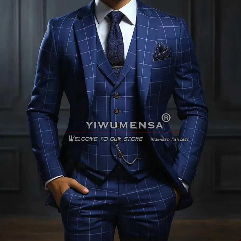 Vintage Business Suits Men Navy Striped Plaid Checked Jacket Vest Pants 3 Pieces Prom Blazer Custom Made Groom Wedding Tuxedos X250704