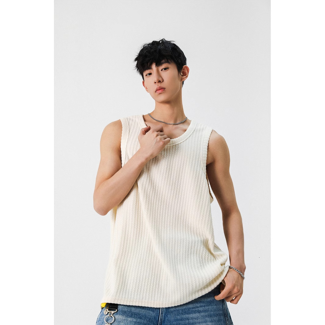 Textured White Tank Designer Short Sleeves Top For Men 2025 Summer New Simple Trendy Cross-shoulder Loose Casual Sleeveless T-shirt