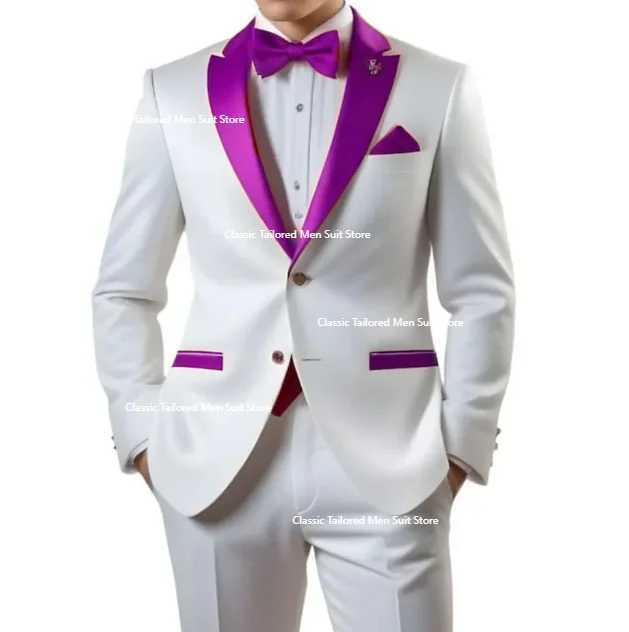 Customized White Men Suits Single Breasted Red Notch Lapel Slim Fit Male Clothing High Quality Wedding 2 Piece Jacket Pants X250704