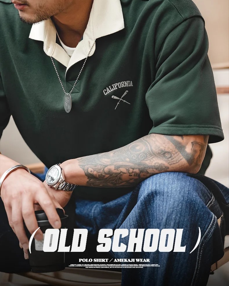 Maden Contrasting Color Short Sleeve T-shirts for Men Summer Green Loose Fit Polo Shirt Casual Embroidery Tee Tops for Daily