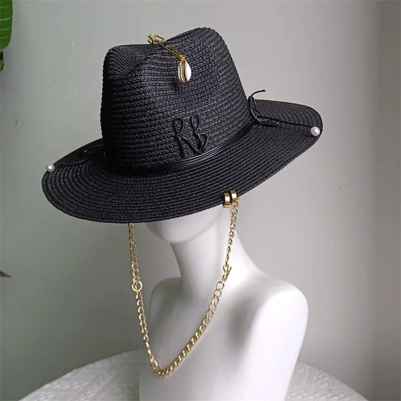 Womens Beach Hat Black Letter Ribbon Decoration Elegant Womens Party Dress Hat Travel Beach Sun Hat 250701