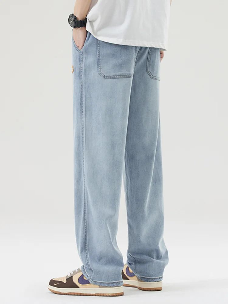 Lyocell Loose Casual Jeans for Men Summer Thin Straightleg Stretchy Wideleg Stylish Denim Trousers With Elastic Waist Male 250704