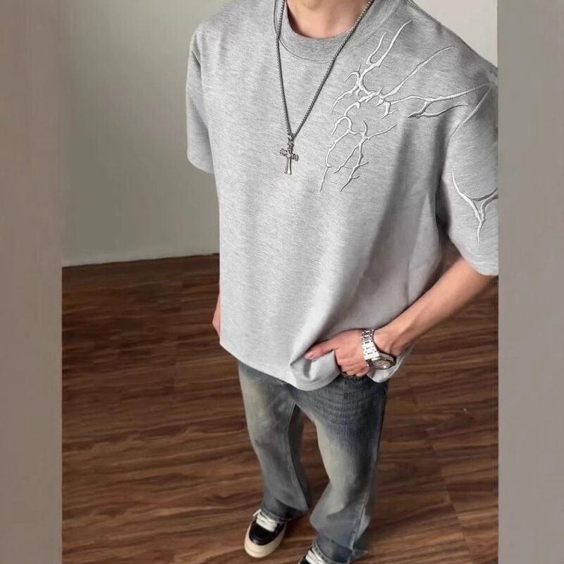 Thorn Embroidery Designer Short Sleeves Short Sleeve Men's Summer American High Street OOTD Half Sleeve Cleanfit Heavyweight Regular Shoulder T-s