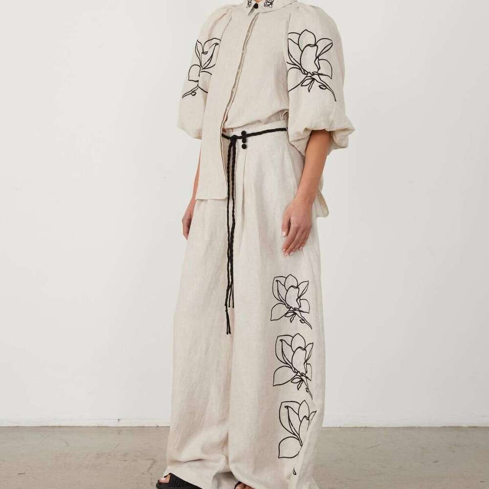Fashion cotton linen printed wide leg pants set for Europe America spring summer 2025, with versatile temperament and trendy clothing in ins