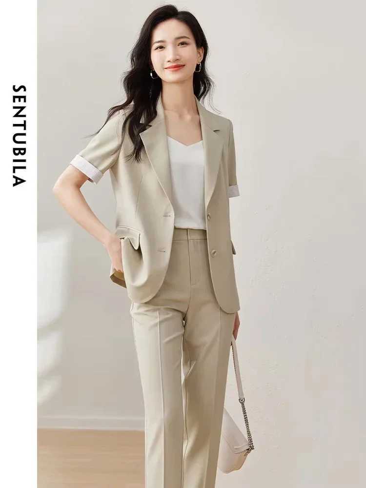 SENTUBILA Summer Blazer Pants Suit Women 2025 Short Slve Suit Jacket Pencil Cropped Pant Office Lady Two-Piece Set 132Z49796 X250704