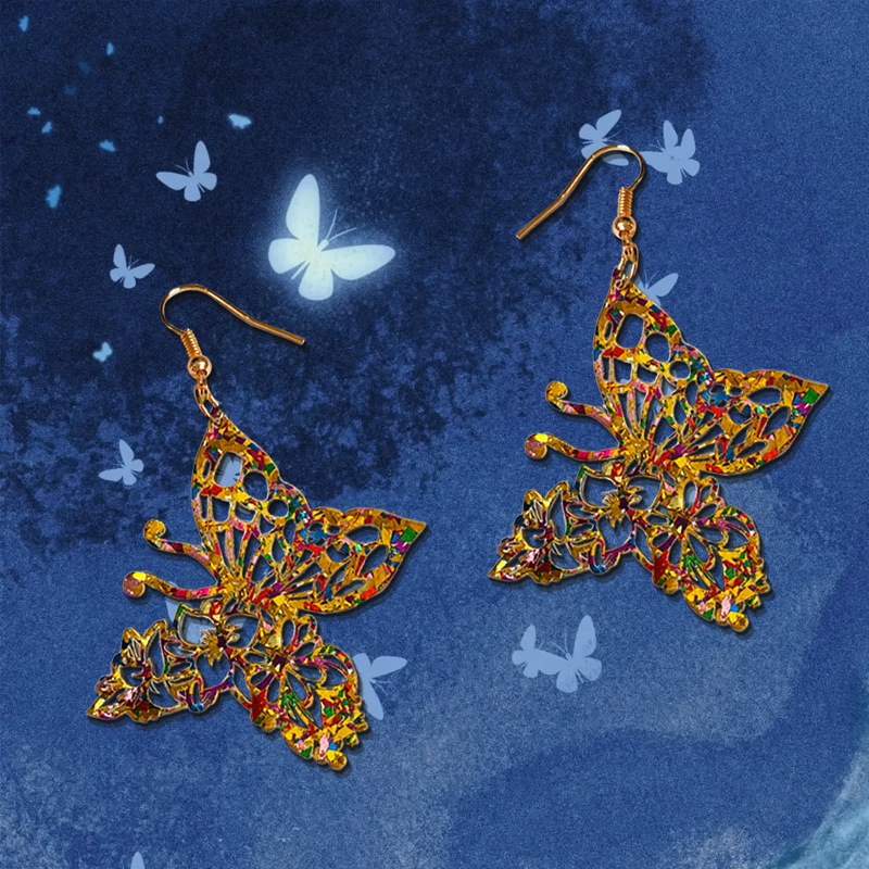 1 Pair Of Golden Yellow Butterfly Earrings With Hollow Design, Elegant High-End Colorful Decoration, Gift For Girlfriend