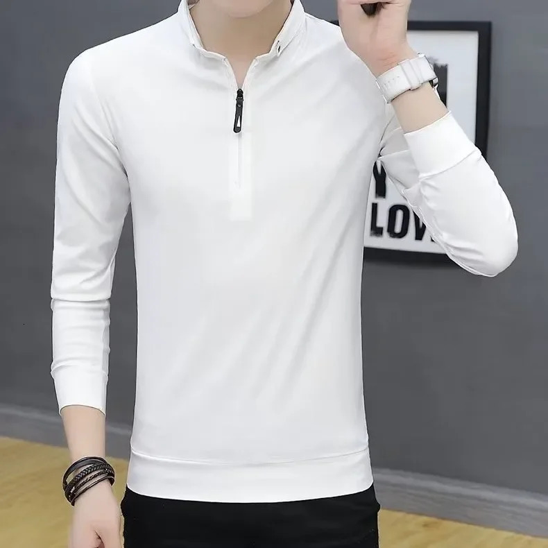 Zip-up Stand Collar Long Sleeve Mens Korean Trendy Casual Polo Shirt Spring Autumn Black Top Base Layer Cross-border Top 250704