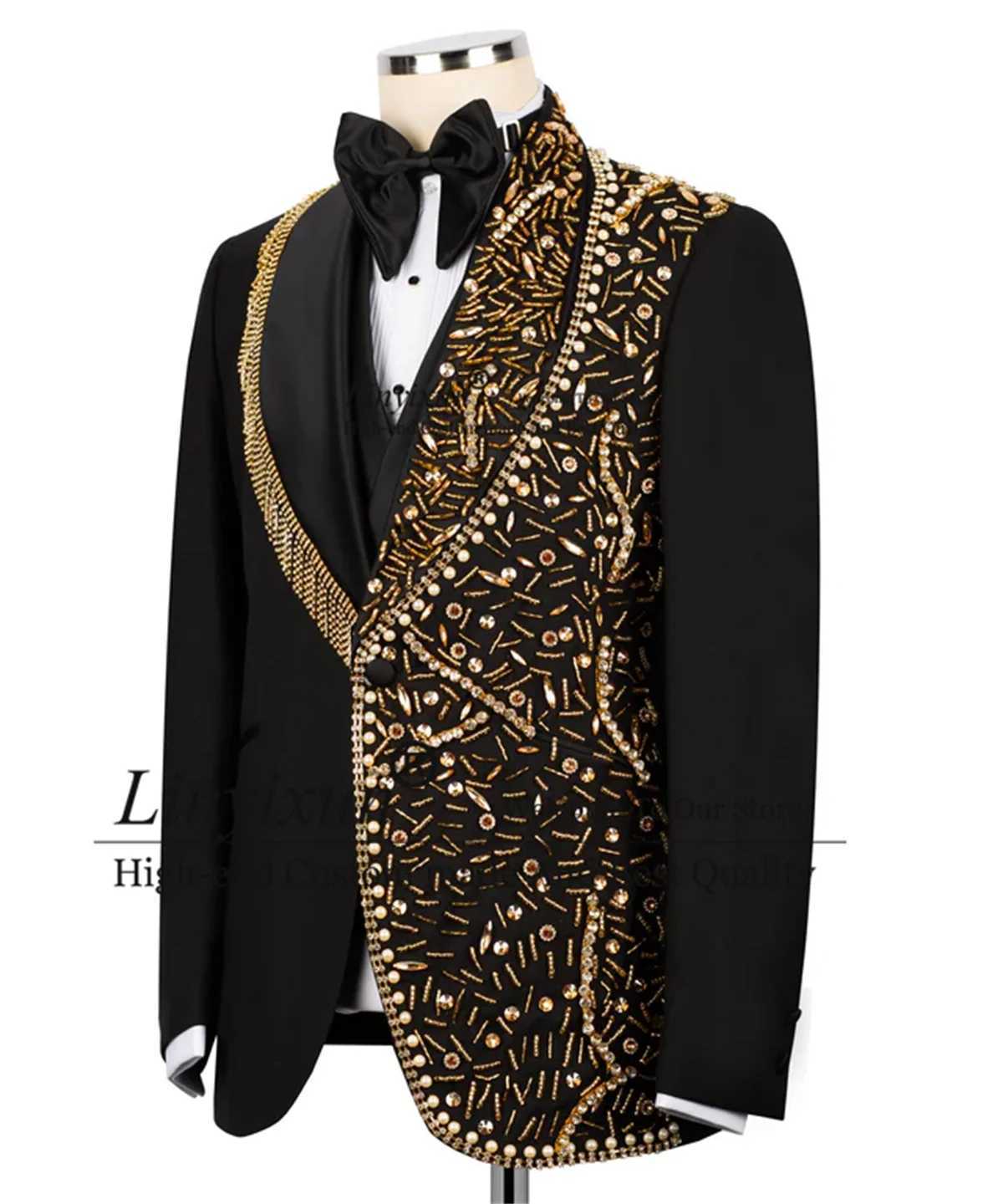 Gold Stone Embroidery Tuxedo Men Suits 3 Piece Sets Luxury Bead Groom Male Party Blazers Customized Slim Fit Wedding Mens Clothing X250704