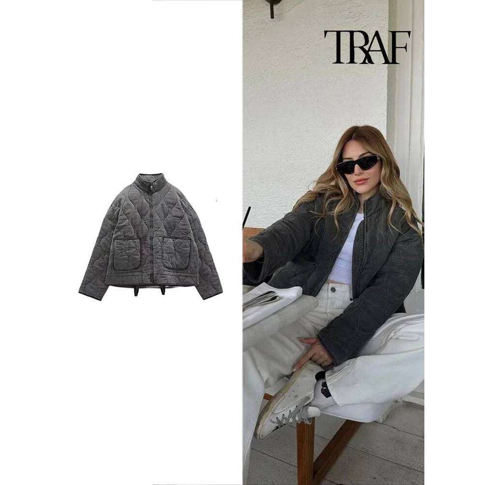 TRAF Women's Fashion Dia Plaid Cotton Winter Warm Pocket Vintage Casual Loose Long Sleeve Zipper Street Jacket 250704