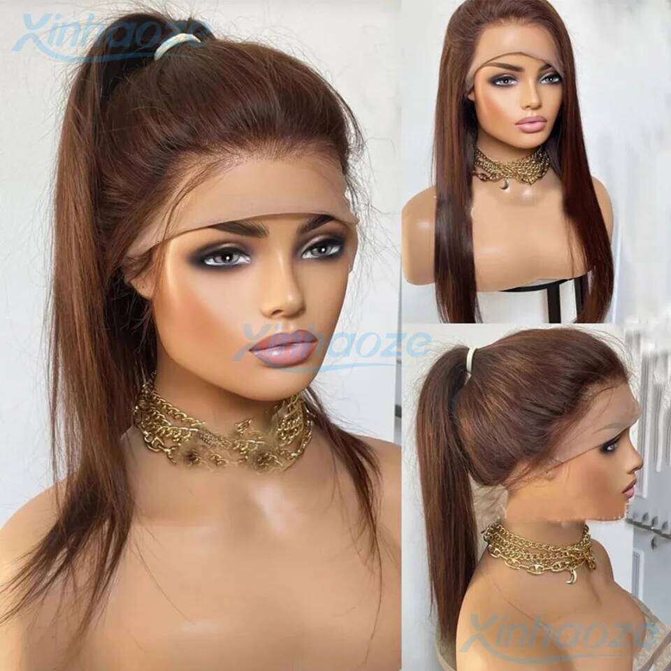 Dark Brown Chocolate Straight Glueless Full Human Hair Pre Plucked Brazilian Remy 13x4 Silk Top Lace Front Wigs