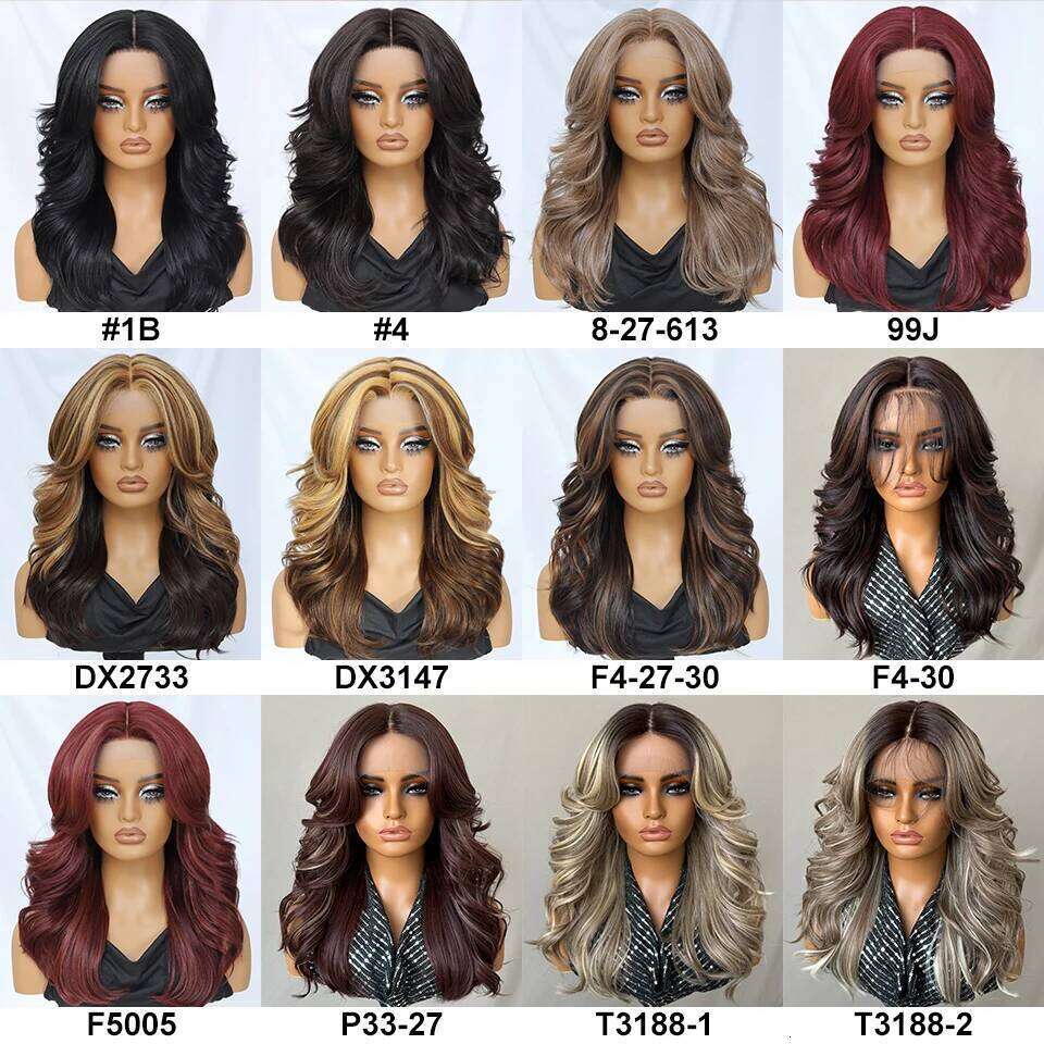 Body Wave Layered With Bangs Women 18 Inch Ombre Brown Synthetic Front Wigs For Daily Use T- Part Lace Wig