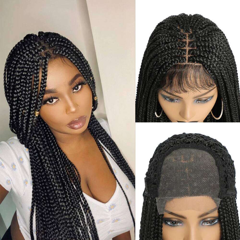 Long Box Braided 4x4 With Baby Hair Twist Braids Lace Closure Wigs For Black Women Synthetic Cosplay Wig 30 Inch