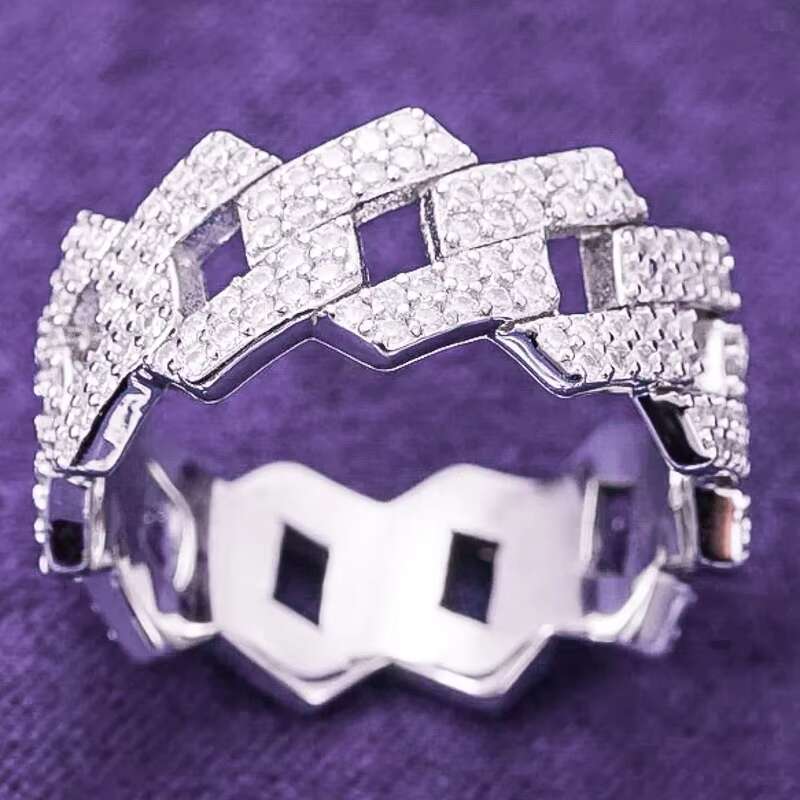 Pass Diamond Tester Hip Hop Bling D Color Moissanite Iced Out Mens 2 Rows Cuban Link Ring With 925 Sterling Silver GRA