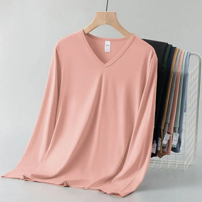 Arrival Mens Casual V-Neck T-Shirts Spring Autumn Long-Sleeve Modal Cotton Solid Color Undershirts Thin Autumn Clothes 250704