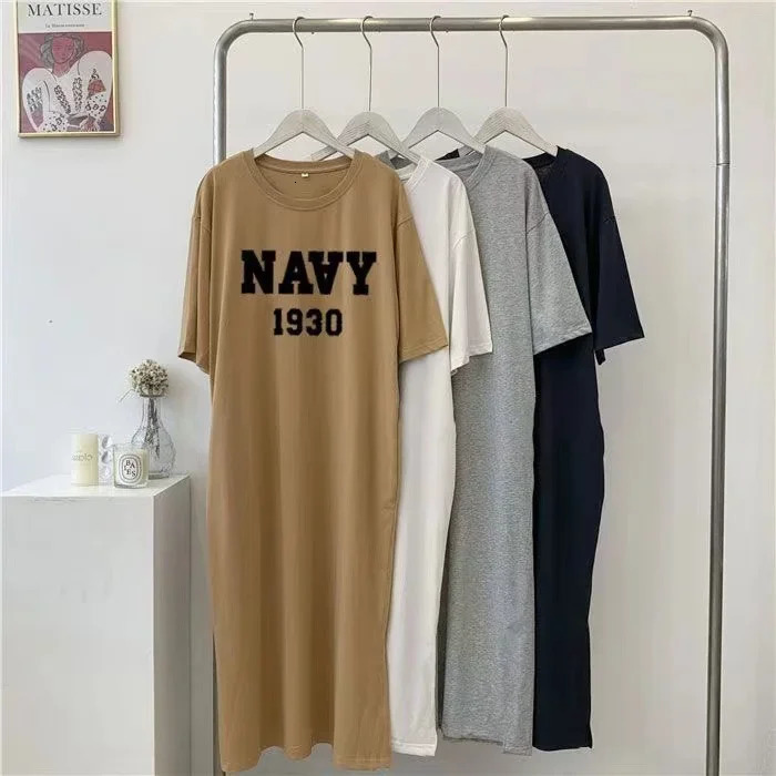 Summer Simple Casual Korean Fashion Letter Print Oversized Loose Round Neck Short Sleeve Dress for Women 250704