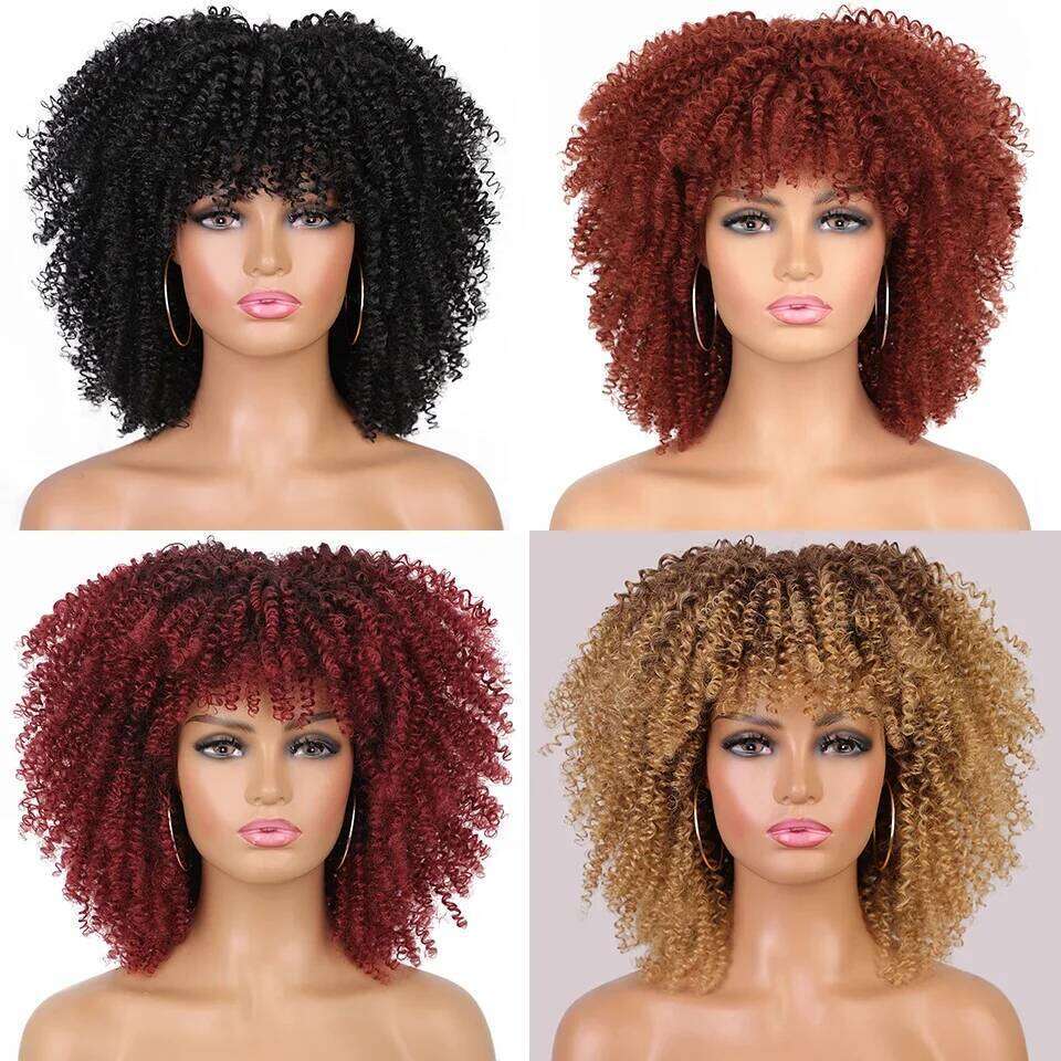 Synthetic Short Kinky Curly Wigs For Black Women Daily Party Use Brown Bouncy Wig Heat Resistant Hair 14 Inch