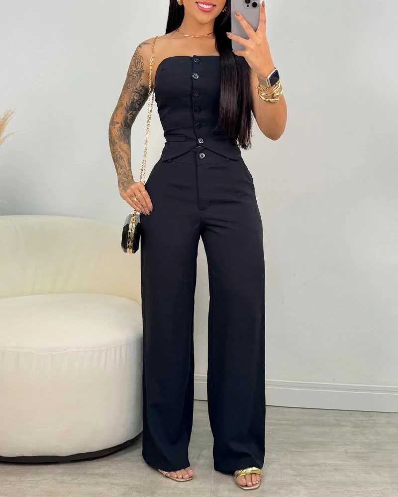Summer Solid Color 2-Piece Strapless Single Breasted Decorative Vest Top and Casual Wide Leg Pants Set for Womens Elegance X250704