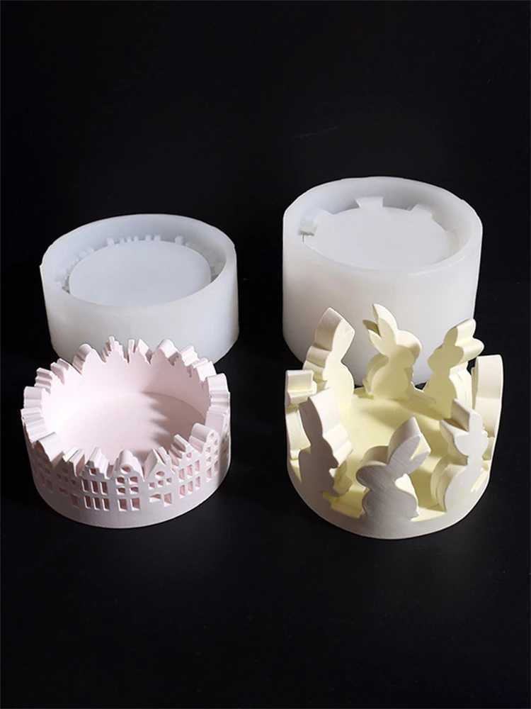 Easter Round Rabbit Hollow House Candle Holder Silicone Mold DIY Cement Gypsum Pouring Epoxy Resin Mold Home Decoration W250704