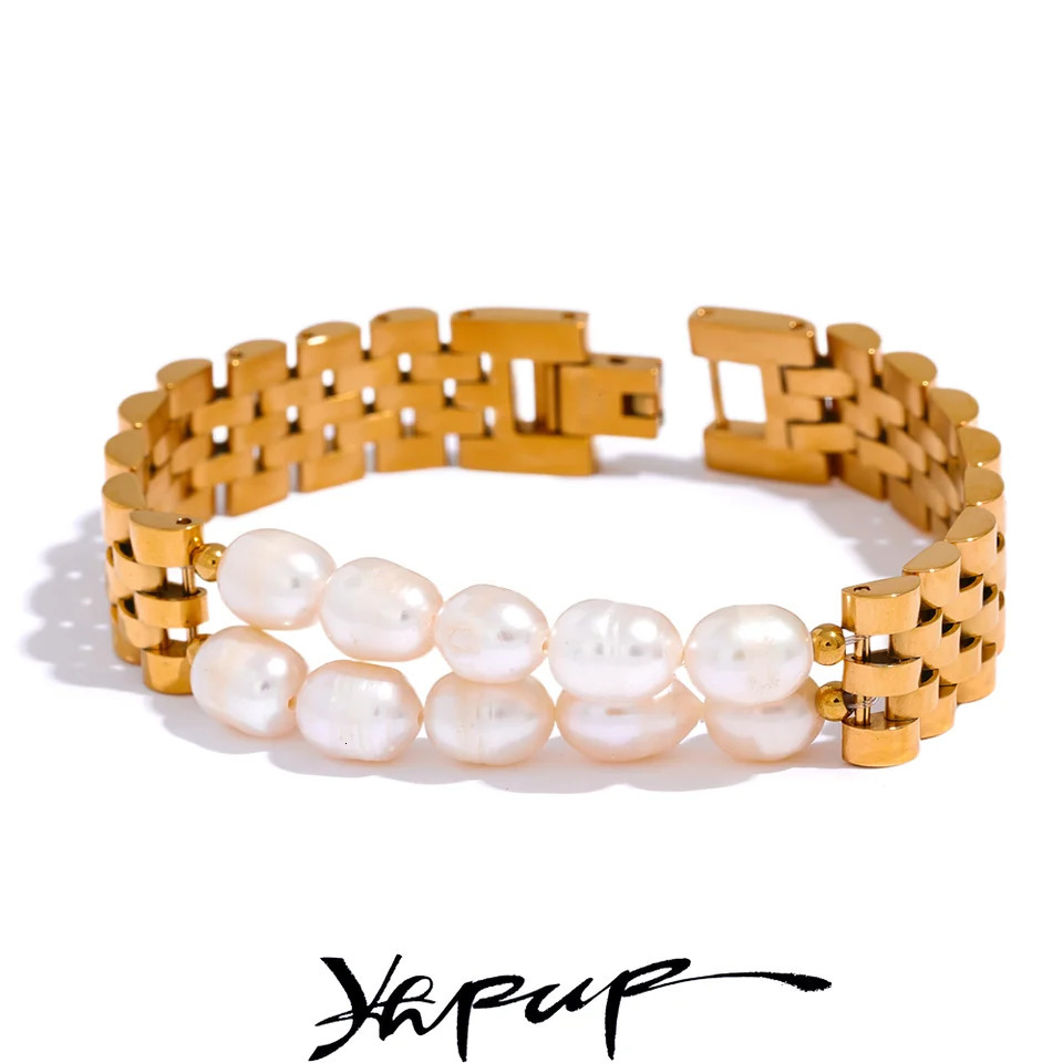 Yhpup Natural Pearls Cuban Chain 316L Stainless Steel Bracelet Bangle High Quality Women Gold Color Premium Jewelry Gift 250628