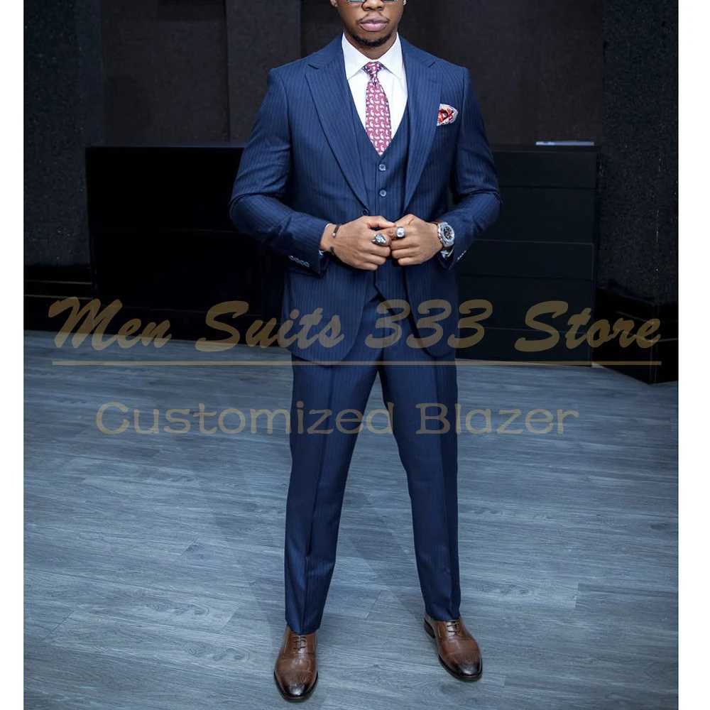 Customzied Blue Stripe Mens Suits Elegant Sing Breasted Notch Lapel Slim Fit 3 Piece Jacket Pants Vest Outfits Costume Homme X250704