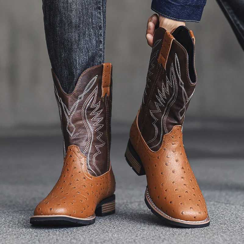 Mens Classic Western Cowboy Boots Embossed Leather Mens Fashion Embroidery Mid-Calf Boot High top Casual Shoes for Men Z250704