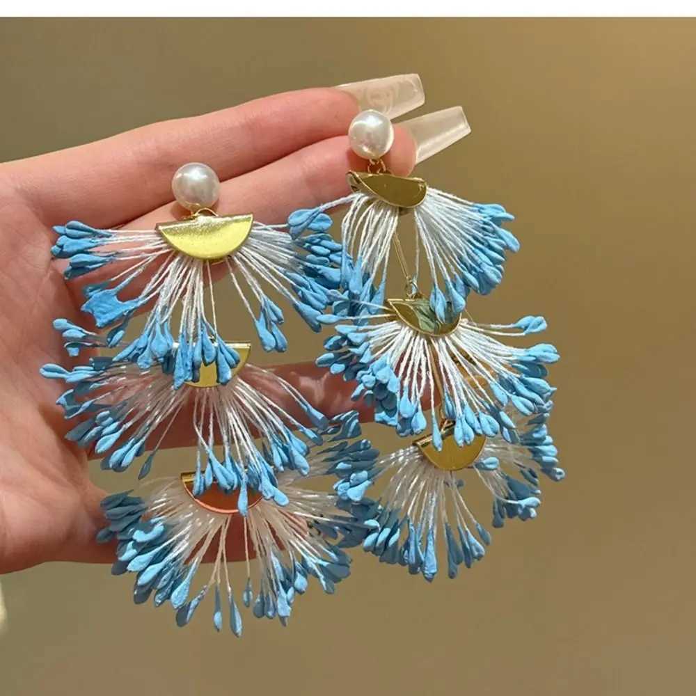 Sweet Fan Shape Drop Earrings Elegant Blue Bohemian Flower Tassel Earrings INS Korean Style Crystal Dangle Earrings Beach Y250704