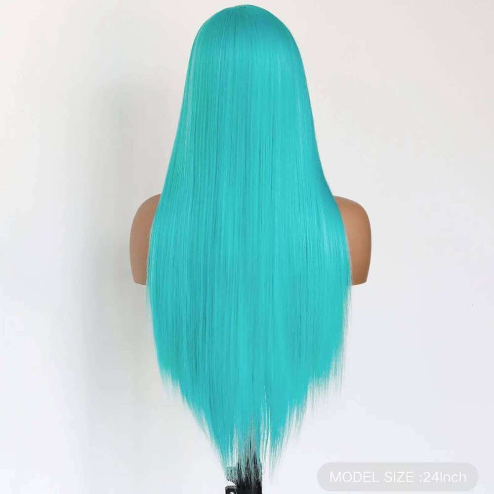 Blue Color Synthetic Wigs for Fashion Women 24 Inch Long Silky Straight Hair Mint Green Wig 13x4 HD Lace Front W
