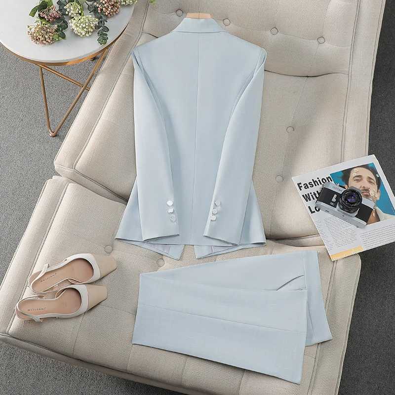ZJYT Elegant White Blue Women Pant Suit Office Ladies Female Business Work Wear 2 Piece Set Formal Blazer Jacket and Trouser Set X250704