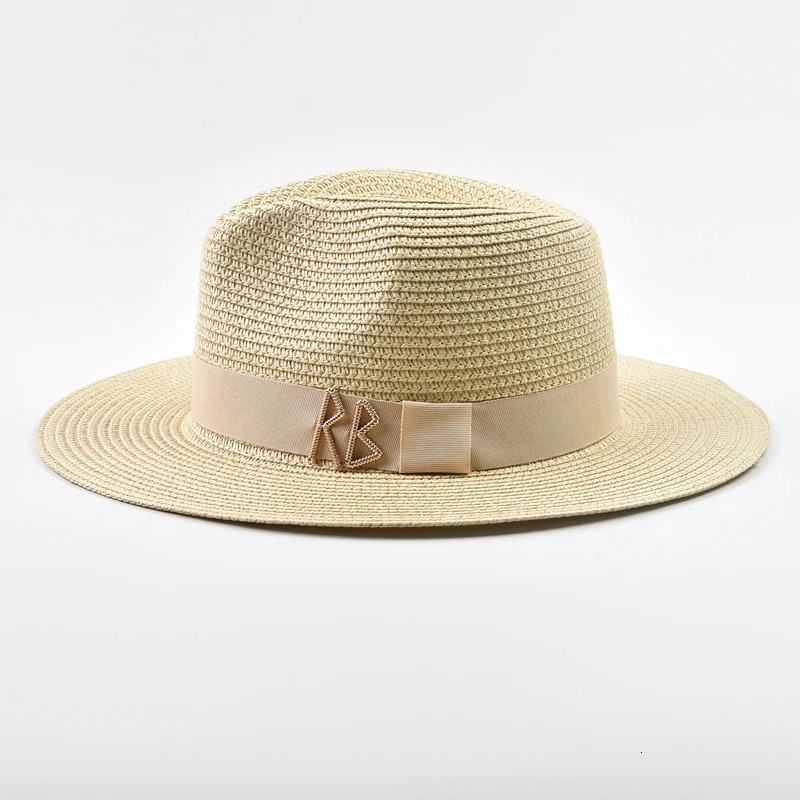 Fashionable Metal RB Letter Straw Hats for Women Men Summer Outdoor Holidays Beach Sun Hat Panama Hat 250703