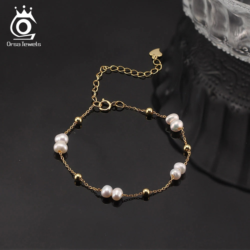 ORSA JEWELS 925 Sterling Silver Pearls Chain Bracelet Vinatge 14K Gold Pearl Beads Bracelet on Hand Female Party Jewelry GPB40 250628