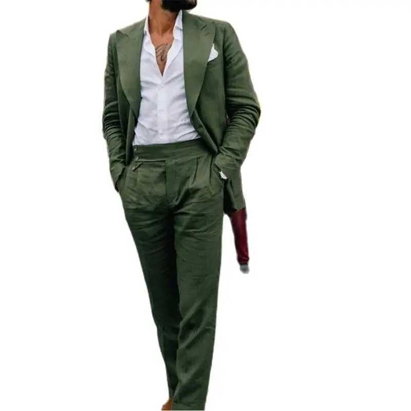 Green Linen Men Suits Casual Beach Wedding Male Clothing Single Breasted Peak Lapel 2 Piece Jacket Pants Outfits Costume Homme X250704