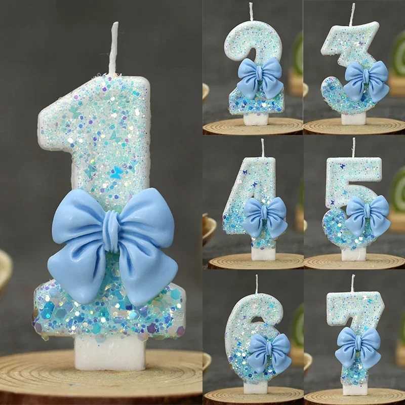 Birthday Number Candle 0 1 2 3 4 5 6 7 8 9 Blue Bow Cake Candle Decoration Party Cake Topper Decor Anniversary Decor W250704