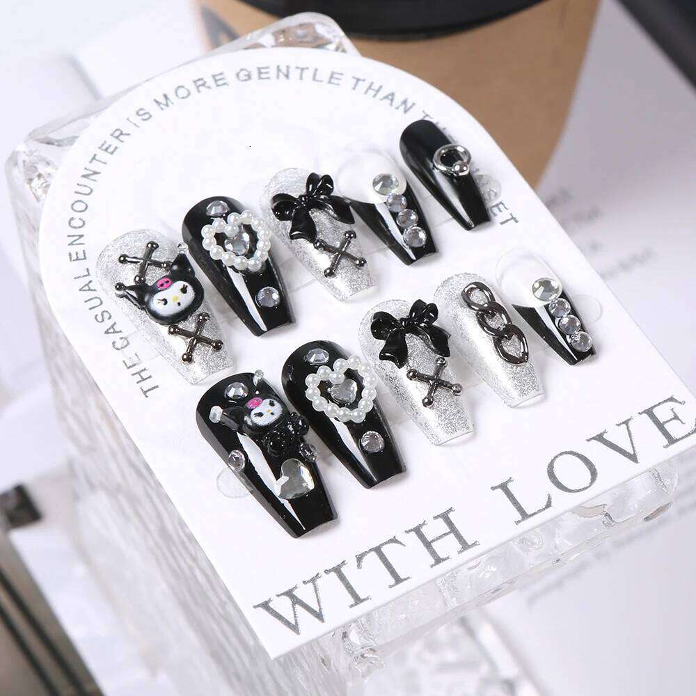 24Pcs 3D kuromi press on nails Y2K Cartoon Handmade Fake Black Gel nail Wearable Nails Cinnamoroll Melody Anime False Nail X250704