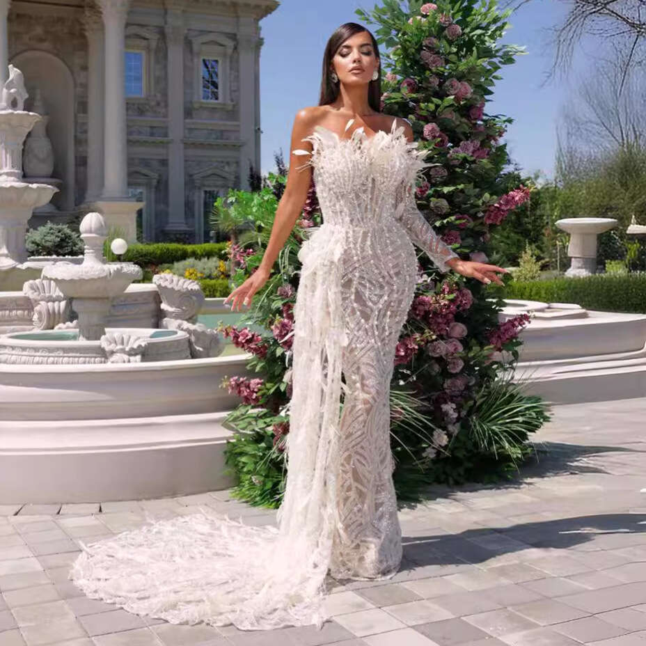 White Skirt Maxi Skirt D Feather Beaded Sequin Embroidered Strapless Dress Haute Couture Evening Wedding Party Gown Long Skirt