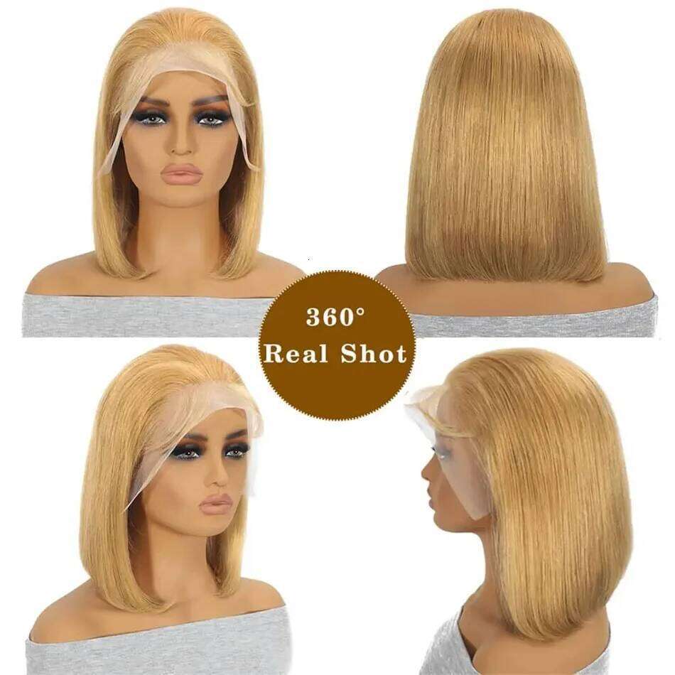 200% Double Drawn #27 Honey Blonde Colored Short Wigs For Women Human 13x4 Lace Front Bob Wig Brazilian Hair