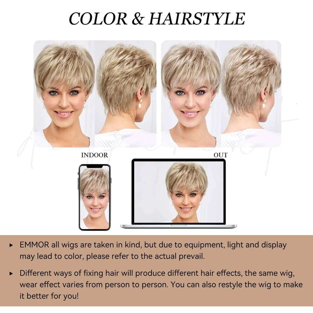 Short Pixie Cut Ash for Women with Bangs Blonde Natural Layered Blend Hair Kanekalon Human Hairs Like Texture Wigs