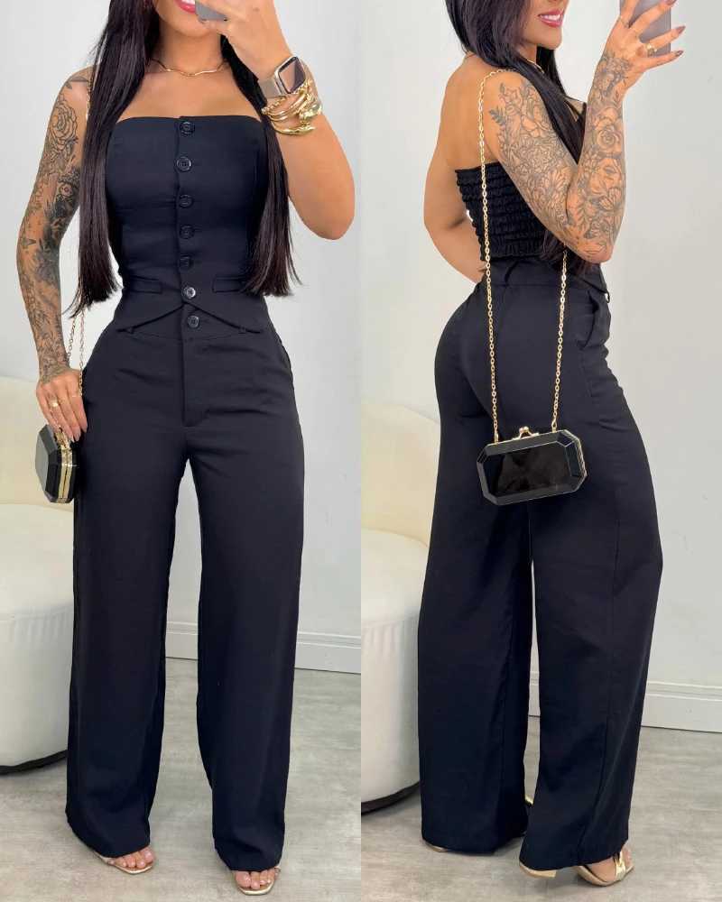 Summer Solid Color 2-Piece Strapless Single Breasted Decorative Vest Top and Casual Wide Leg Pants Set for Womens Elegance X250704
