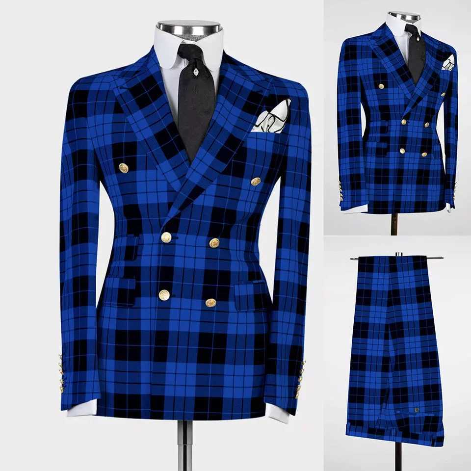 Blue Black Plaid Men Suit Double Breasted Peak Lapel 2 Pieces (Jacket+Pants) Formal Wedding Party Set for Men X250704