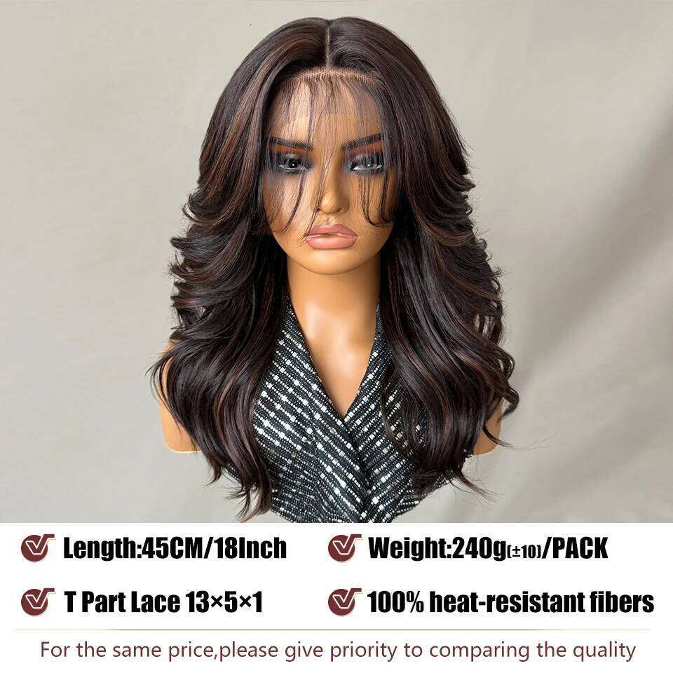 Body Wave Layered With Bangs Women 18 Inch Ombre Brown Synthetic Front Wigs For Daily Use T- Part Lace Wig