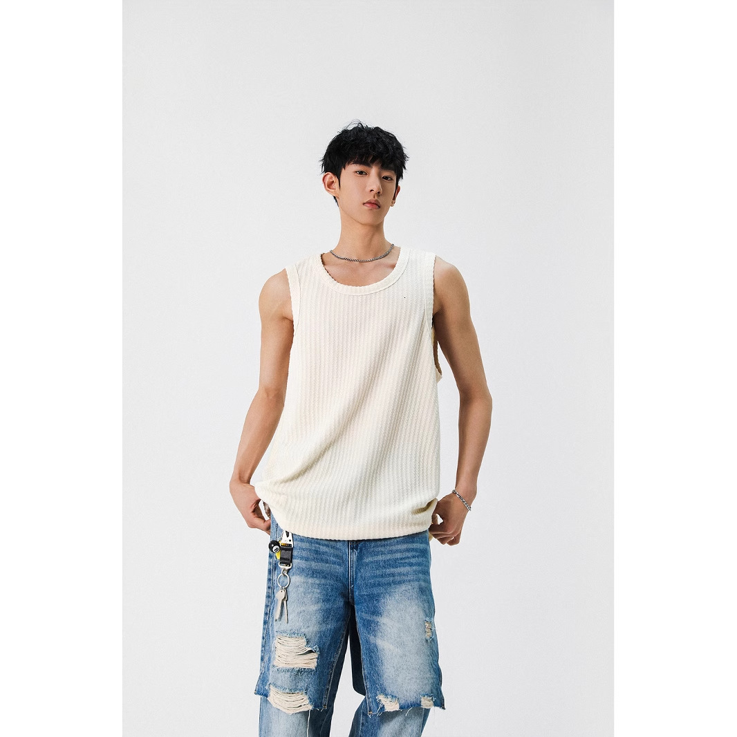 Textured White Tank Designer Short Sleeves Top For Men 2025 Summer New Simple Trendy Cross-shoulder Loose Casual Sleeveless T-shirt