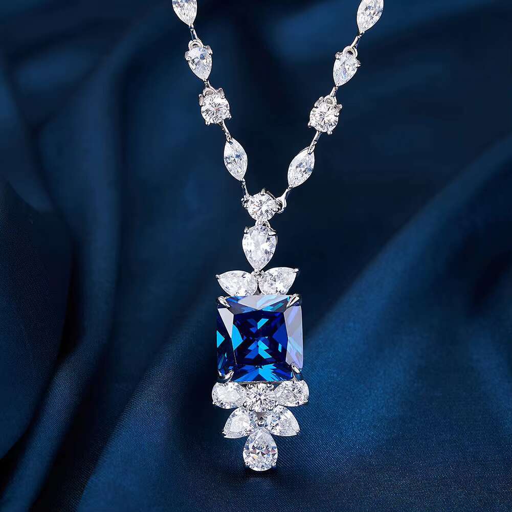925 Sterling Silver Moissanite Necklace with White Blue Shiny Cubic Zircon Stone Luxury Wedding Pendant for Women Brides